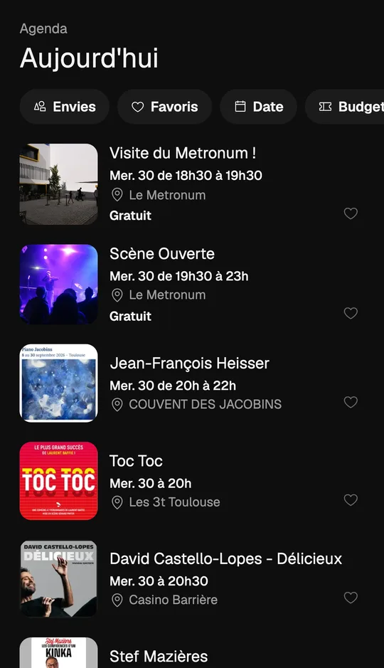 The Culture Club app showing today's agenda: events with their time, venue and price